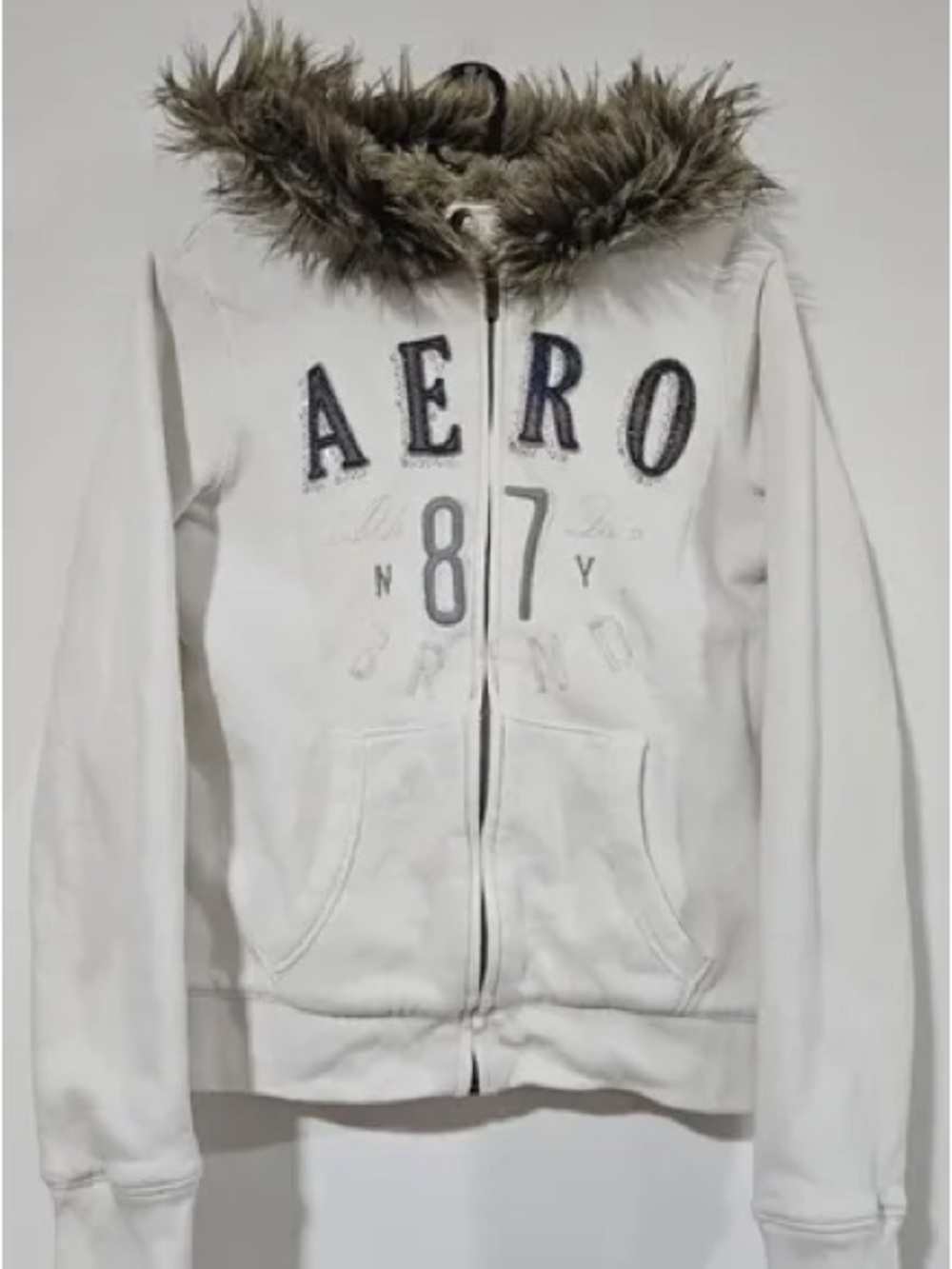 Vtg Y2K Aeropostale Sz M Faux Fur Lined Hoodie Embellished 3D Logo White Blue
